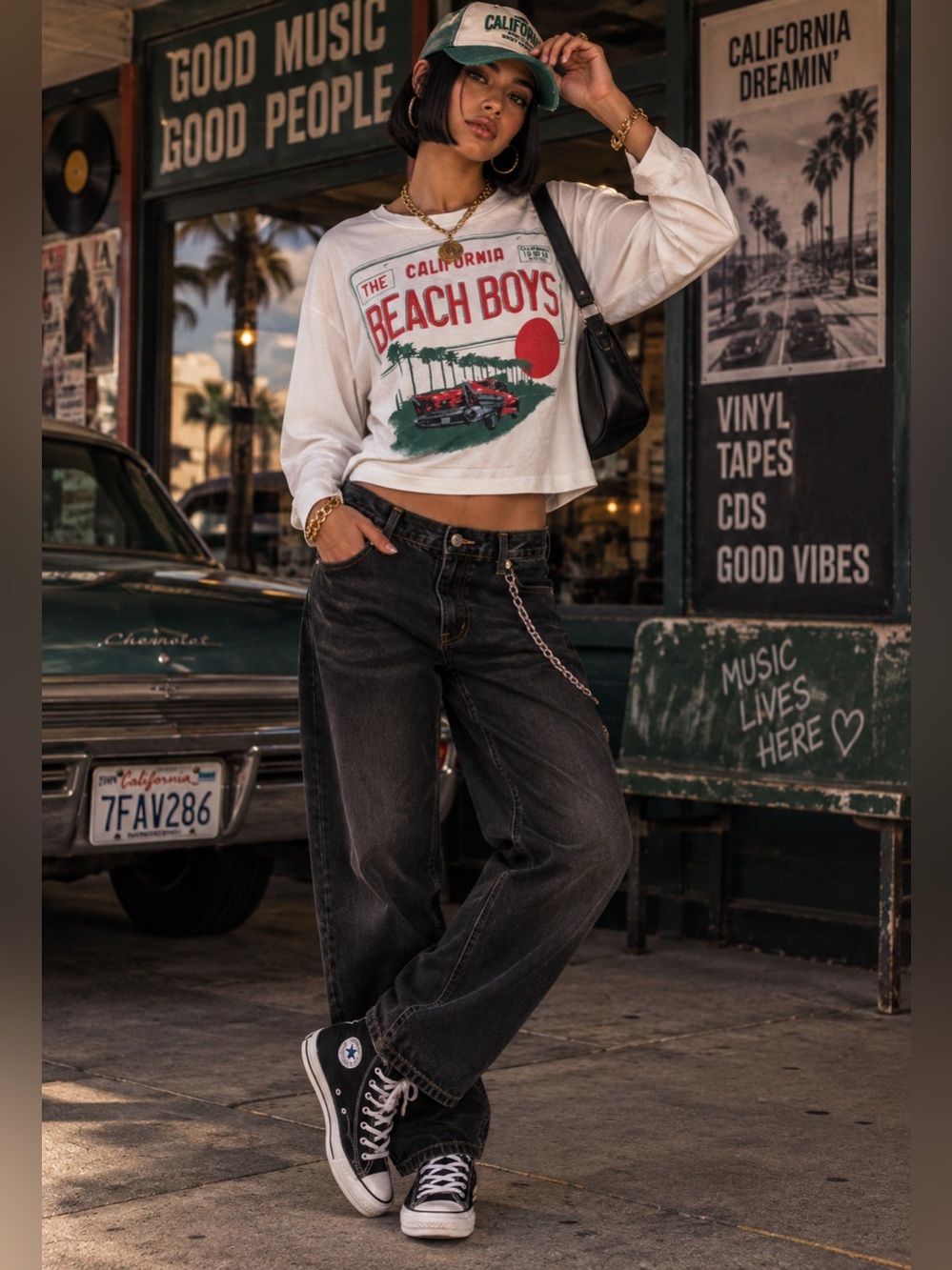 DAYDREAMER The Beach Boys License Plate Cropped Long Sleeve Tee Size XS